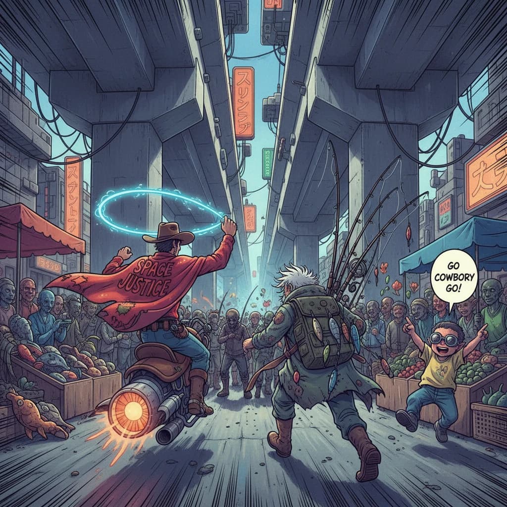 The space cowboy chases the deranged fisherman underneath the causeway, eager to collect on his bounty. Fishing rods and lines hang off the back off the fishermen as he darts between the bustling market crowd. We see the back of the space cowboy in his space poncho emblazoned with the words SPACE JUSTICE, spinning his lasso over his head. A child on the sidelines excitedly cheers the cowboy. 1990s hand drawn anime style with strong fluidity