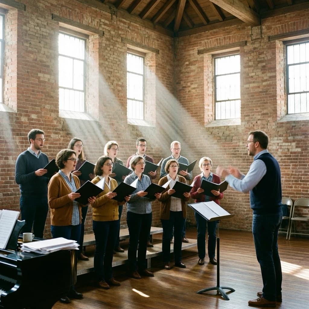 A choir rehearses in a brick hall as somewhat dramatic morning light falls through high windows, with a patient conductor mid-gesture, open scores, intent faces, slight motion blur.