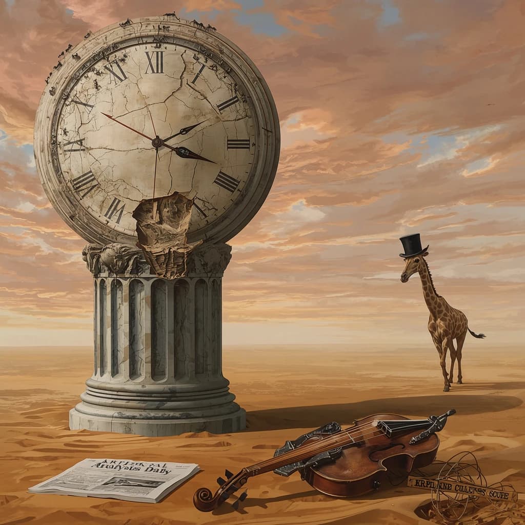 A vast desert plain stretches endlessly under a sky streaked with pale pink and ochre clouds. In the center stands a colossal clock, its face drooping and melting over the edge of a broken marble column. Ants swarm across its warped surface, glinting in the harsh sunlight. To the right, a horse with a giraffe like neck wearing a top hat strides toward the horizon, its shadow stretching miles across the sand. A cracked violin lies half-buried in the foreground, strings snapping outward like veins. Painted in the dreamlike surrealist style. A newspaper named the "Artificial Analysis Daily" lies on the Floor.