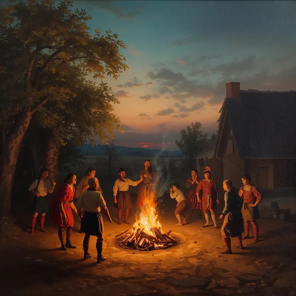 Make an oil painting of villagers dancing by a bonfire at dusk, a bit smoky.
