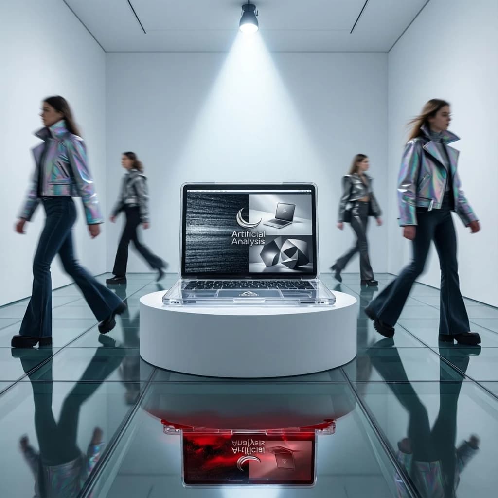 In a spotless gallery space, a pedestal supports a transparent laptop whose screen flickers between static and pristine brand imagery. Shoppers blur past in designer clothes that appear slightly outdated - bell bottoms, metallic jackets. The embossed logo “Artificial Analysis” glints silver, yet its reflection in the glass floor reads in crimson letters. A single spotlight shines, though shadows fall in two directions.