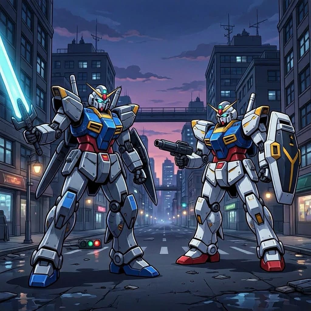 Make a cel-shaded mecha duel at dusk downtown.