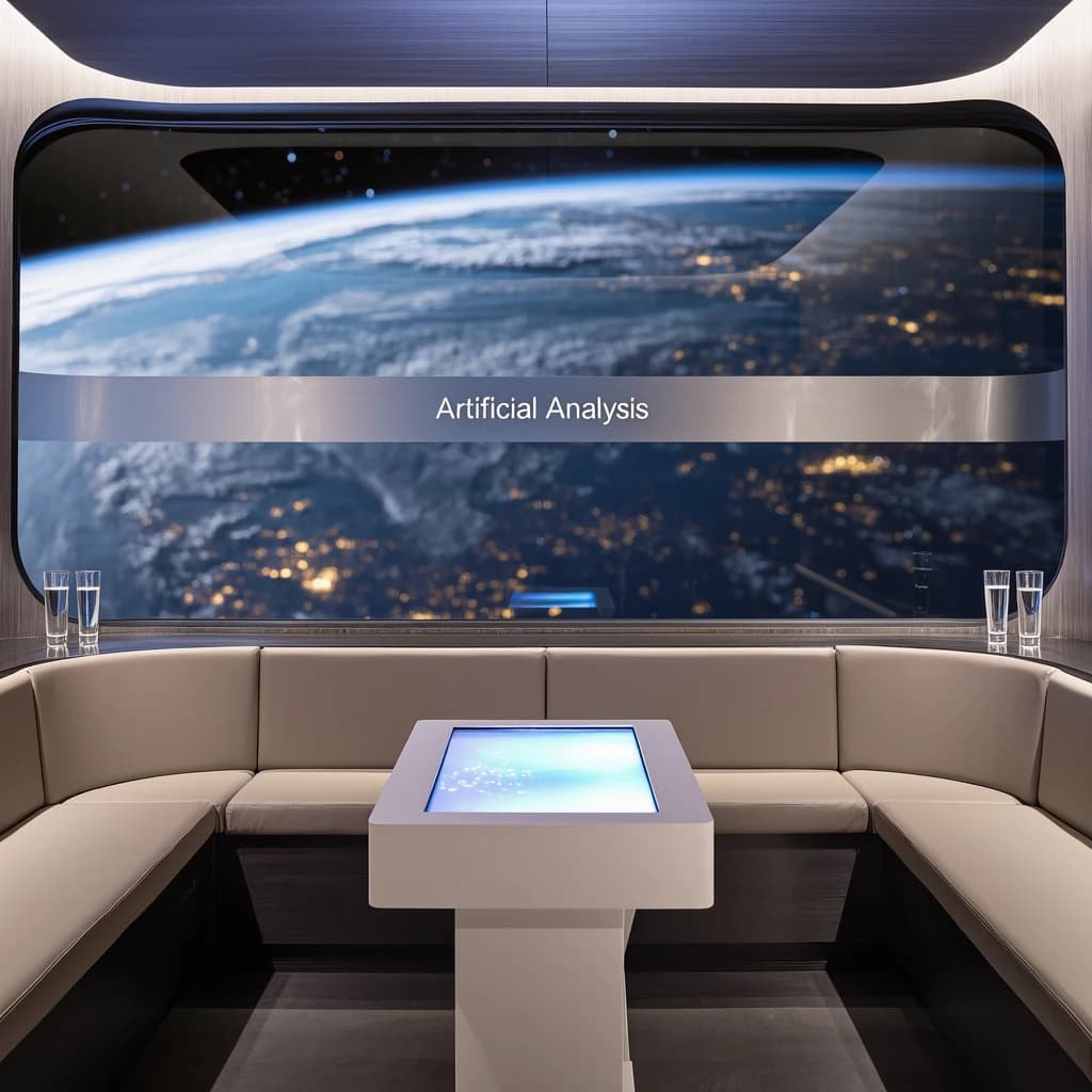 The orbital lounge has brushed aluminum walls and pale leather banquettes. Low white tables are inset with glowing touchscreens. Drinks are clear, flavorless, in tall unmarked glasses. The viewport is floor-to-ceiling, showing Earth moving slowly beneath. The word Artificial Analysis is etched discreetly on the glass in a frosted band.