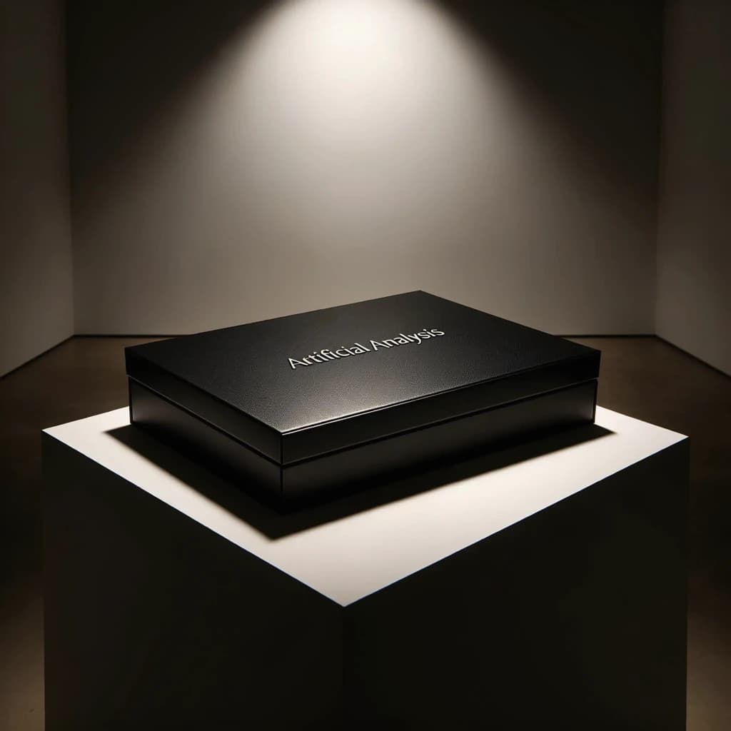 A premium matte black laptop-sized box rests on a pure white pedestal within a gallery space. Overhead, a single spotlight carves sharp contrast, leaving the edges in deep shadow. The brand name Artificial Analysis is embossed in silver foil, glinting faintly as though it were jewelry.