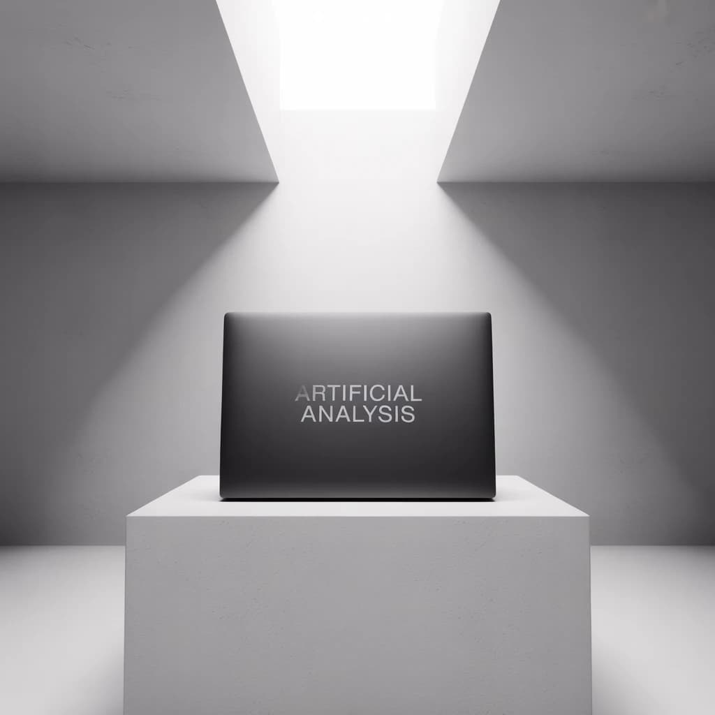 A premium matte black laptop-sized box rests on a pure white pedestal within a gallery space. Overhead, a single spotlight carves sharp contrast, leaving the edges in deep shadow. The brand name Artificial Analysis is embossed in silver foil, glinting faintly as though it were jewelry.