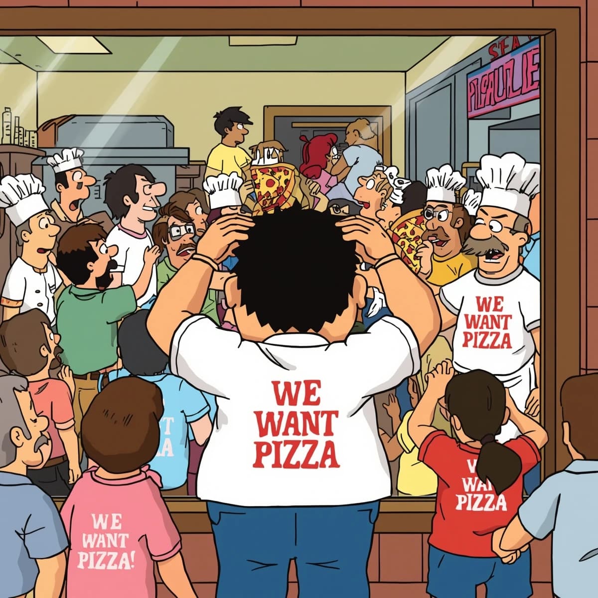 Pasquale is pulling his few remaining hairs out over a disaster at the pizzeria - the cooks are working as fast as they can but the crowds outside are swelling and they demand hot hot pizza! They are banging on the glass and some are wearing "we want pizza" shirts. 1980s western TV animation style.