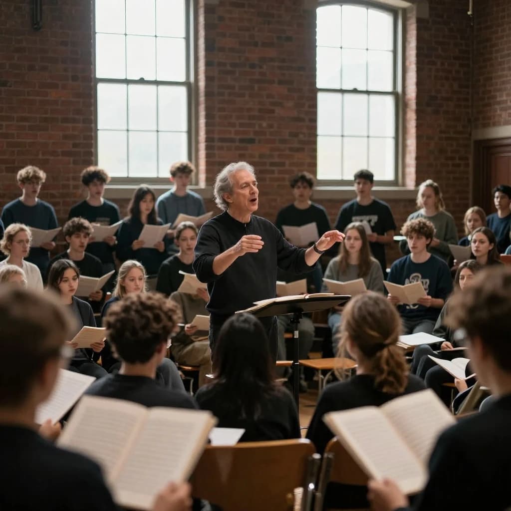 A choir rehearses in a brick hall as somewhat dramatic morning light falls through high windows, with a patient conductor mid-gesture, open scores, intent faces, slight motion blur.