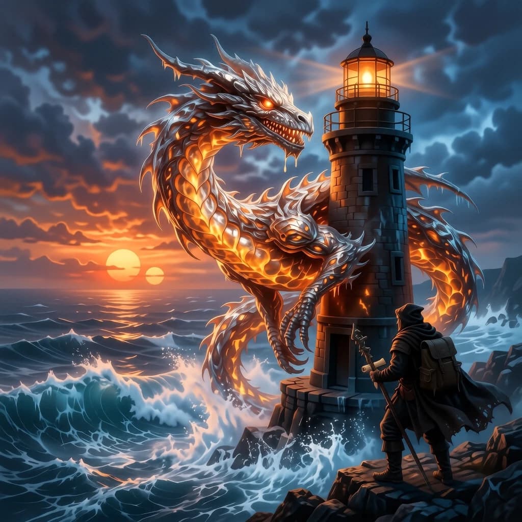 A dragon of molten silver coils around a lighthouse. The storming sea below crashes upward in frozen stillness, as though caught mid-motion. The dragon’s molten eyes drip tears of ice. On the horizon, two suns set next to each other, casting orange light on one side of the tower and blue on the other. A cloaked traveler carries an ancient weapon in his left hand and a scroll in his right.