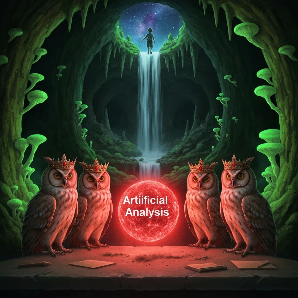 In a cavern lined with bioluminescent fungi glowing lime green, the council of owls wear jeweled crowns that glimmer with rubies, their wings folded behind their backs. Dust coats the stone table, a glowing orb inscribed with “Artificial Analysis” hovers above the table illuminating the owls with its red pulsating light. Behind them, a waterfall falls upward into a ceiling that opens onto stars - a child looks down in wonder from above at what he has stumbled across.