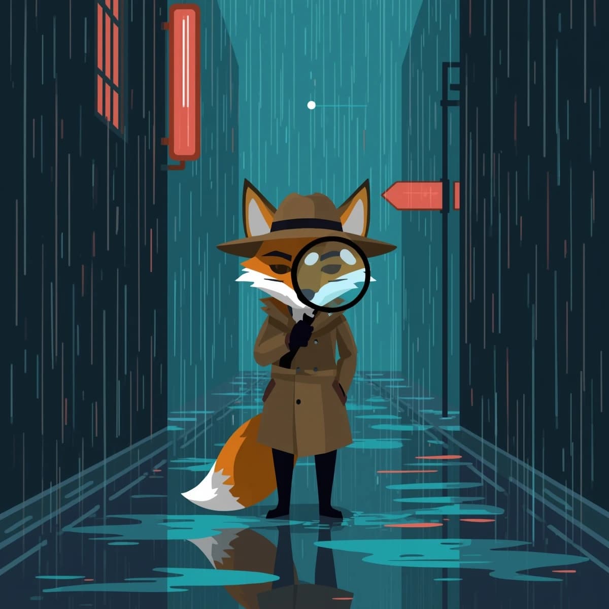 A fox detective stands in a rainy neon alley, bold outlines, flat colors, oversized magnifying glass; a bit moody, puddles reflect signs, raindrops like small dashes.