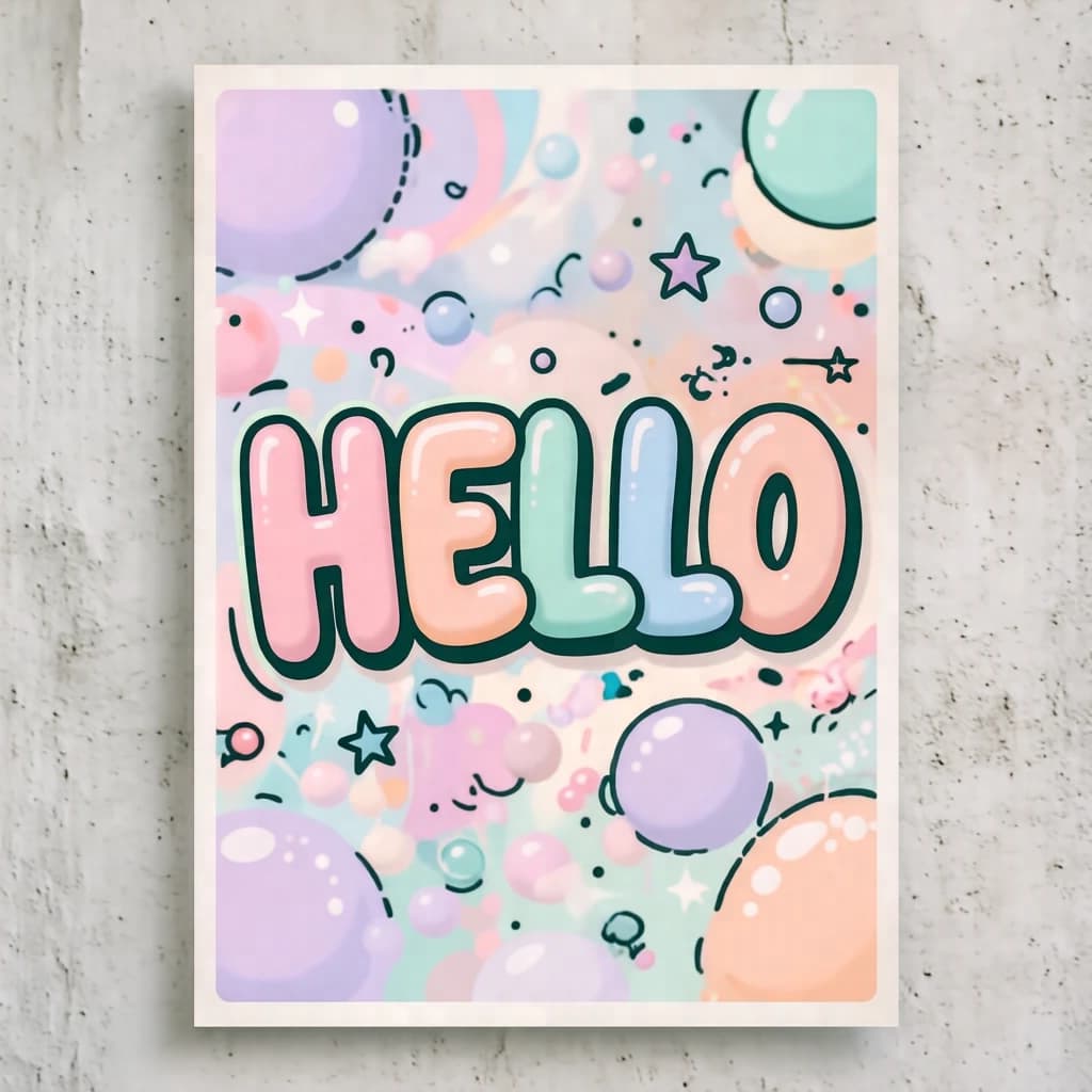 Make a bold bubble-letter poster that says HELLO, pastel palette, thick outline.