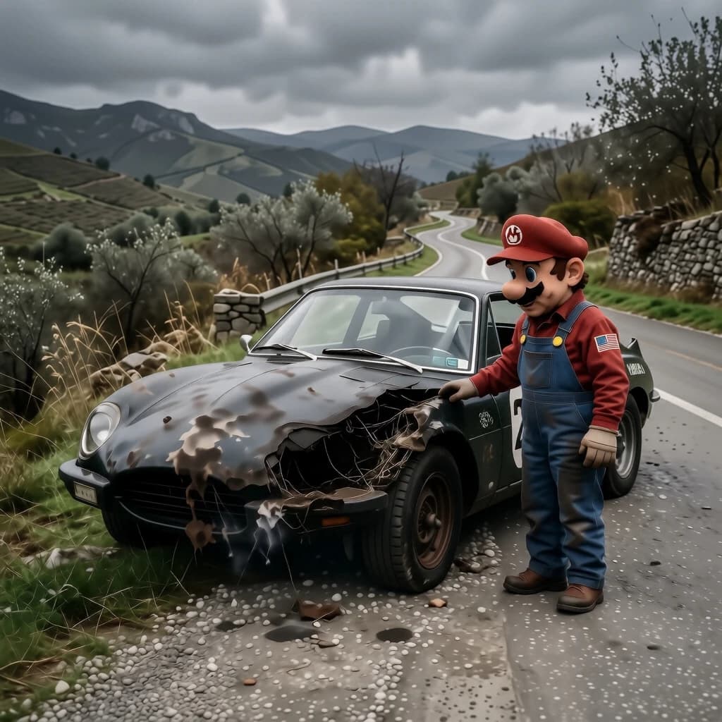 Mario examines the still smouldering wreck of the crash that took his best driver on the side of the country road. He designed this car and caused this. 3 days have passed since the crash. It's 1973 in Northern Italy.