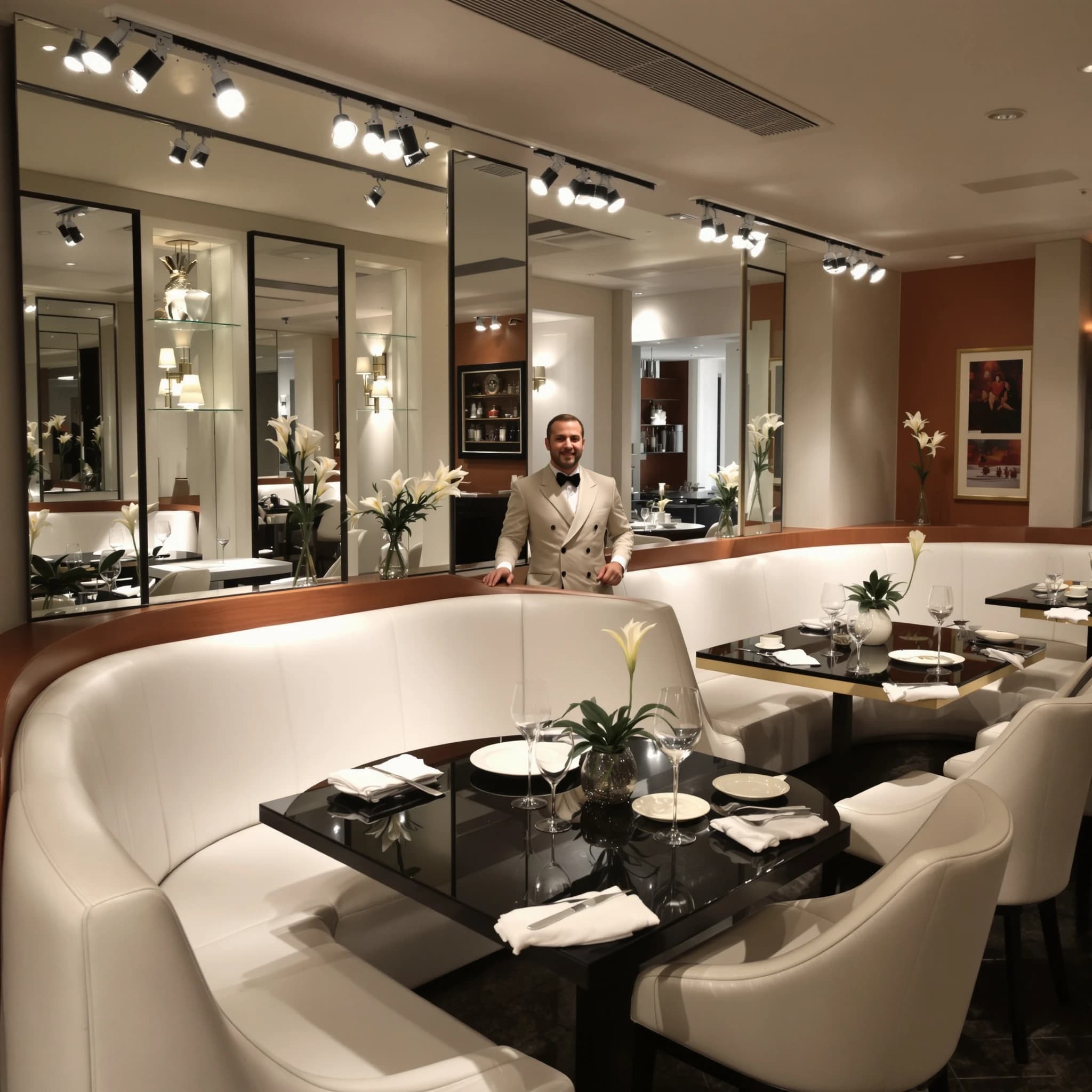 The place is almost empty. The banquettes are covered in white leather, the tables black granite, and the entire room is bathed in halogen track lighting that seems too bright. The maître d’ wears a double-breasted wool crepe jacket. There are lilies on every table.