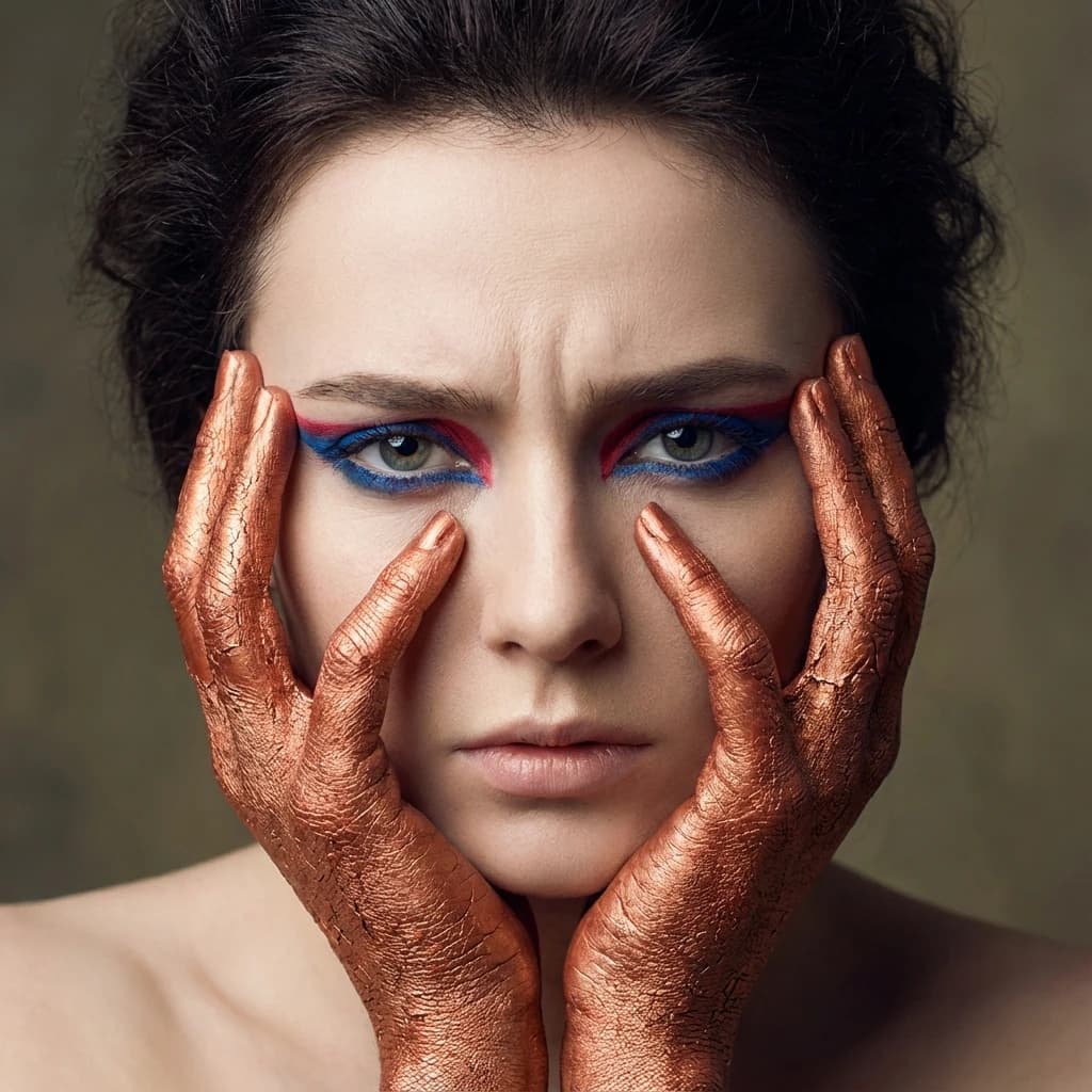 A striking close-up portrait of a woman with cracked metallic copper-painted hands framing her face. Her vivid blue and red eye makeup contrasts sharply with the smooth, pale skin and muted background, creating a bold, surreal composition. She displays an air of uncertainty about her
