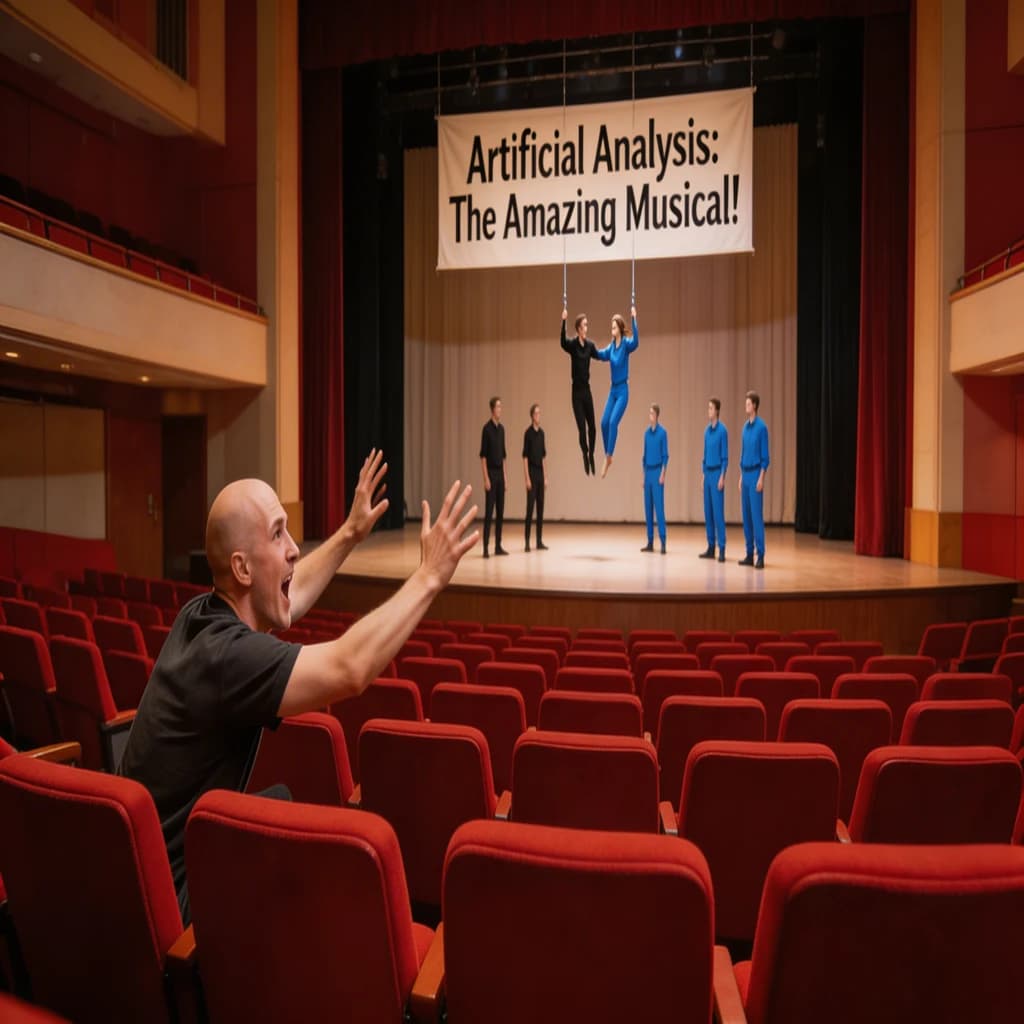 The musical troupe do a rehearsal in a large, empty theatre. 9 people are on the stage, half wear black and the others wear blue. The skinny bald director, seated in the second row, is practically leaping out of their seat with excitement as the leads nail their aerial. A giant banner reading "Artificial Analysis: The Amazing Musical!" is behind the actors.