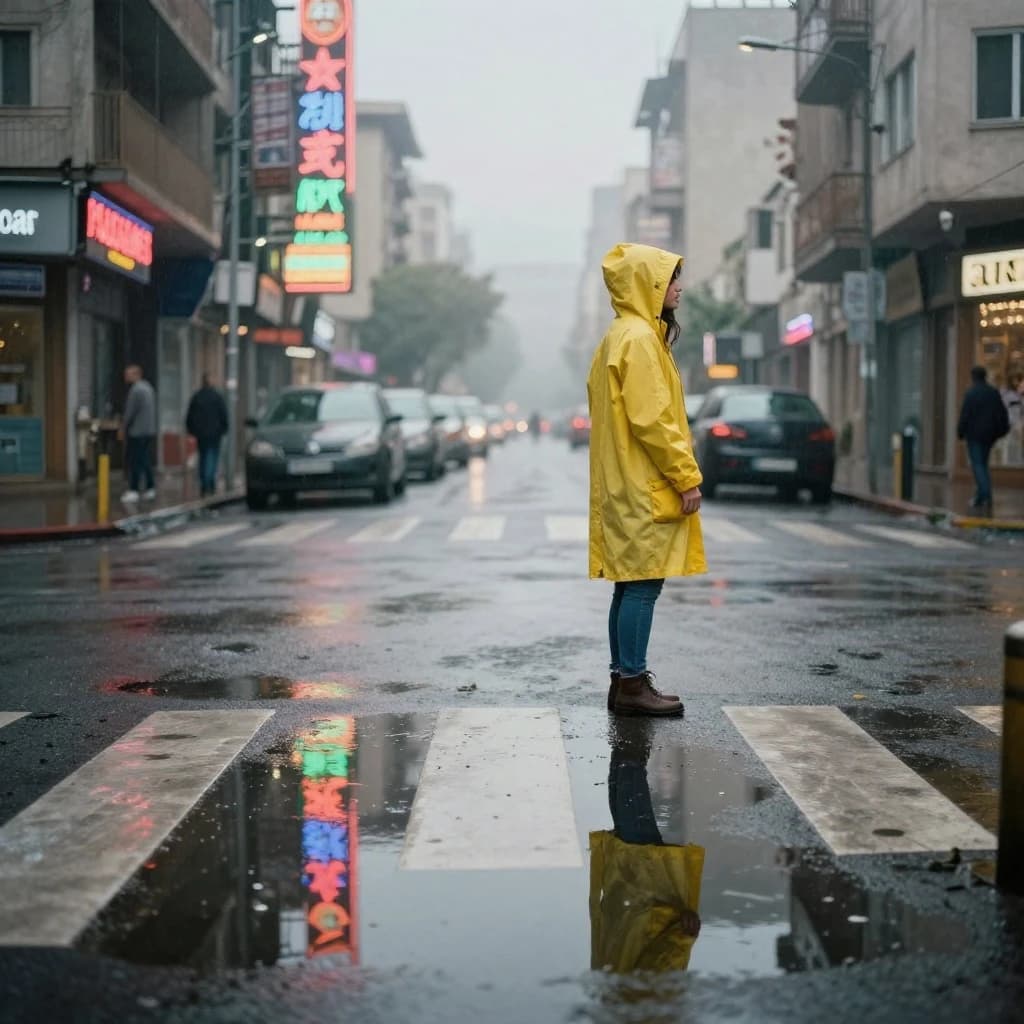 A sunlit city street after rain; puddles mirror neon signs as a woman in a yellow raincoat waits at a crosswalk, soft mist, 50mm look, natural tones, a bit of film grain.