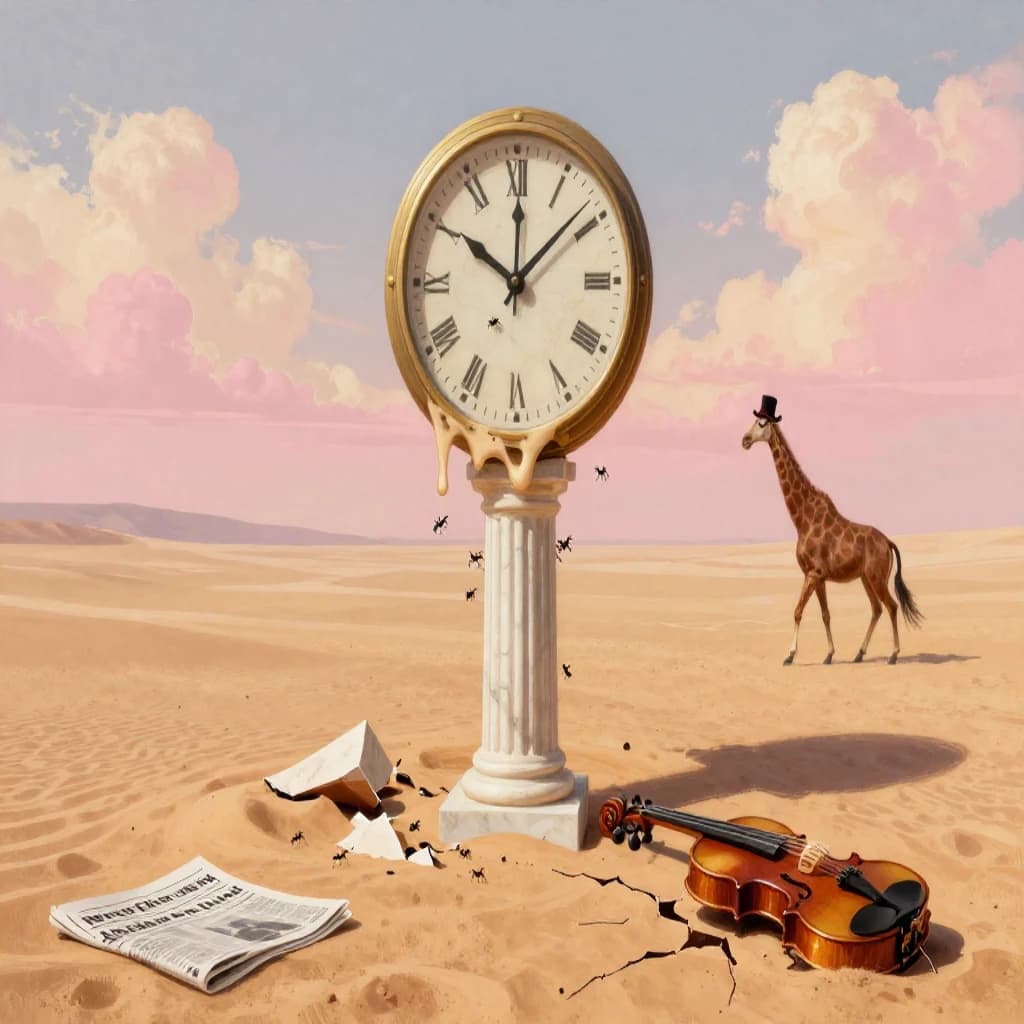A vast desert plain stretches endlessly under a sky streaked with pale pink and ochre clouds. In the center stands a colossal clock, its face drooping and melting over the edge of a broken marble column. Ants swarm across its warped surface, glinting in the harsh sunlight. To the right, a horse with a giraffe like neck wearing a top hat strides toward the horizon, its shadow stretching miles across the sand. A cracked violin lies half-buried in the foreground, strings snapping outward like veins. Painted in the dreamlike surrealist style. A newspaper named the "Artificial Analysis Daily" lies on the Floor.