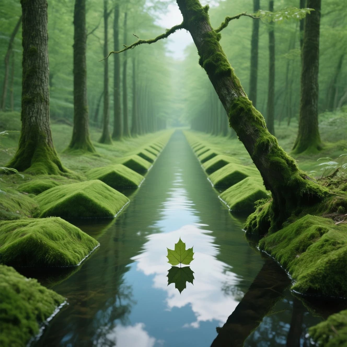 The forest is saturated green, trees identical in height and width, trunks straight, bark texture repeating. One trunk leans diagonally yet the branches remain vertical. The moss is emerald, glistening, though each patch forms identical diamond shapes. A stream runs straight, perfectly linear, water clear, reflecting clouds not visible in the sky. No animals, no insects, but one leaf floats on the water, doubled, showing two overlapping shadows.