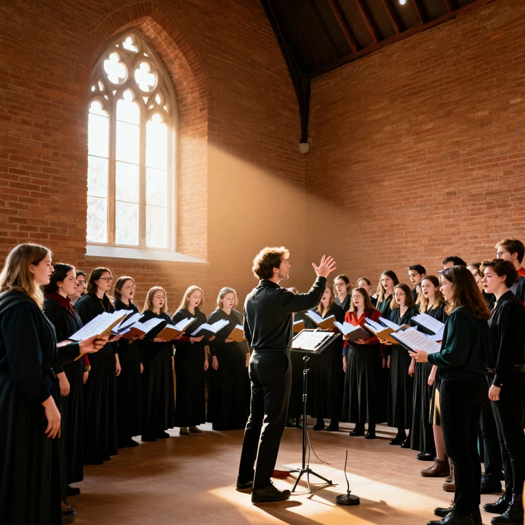 A choir rehearses in a brick hall as somewhat dramatic morning light falls through high windows, with a patient conductor mid-gesture, open scores, intent faces, slight motion blur.