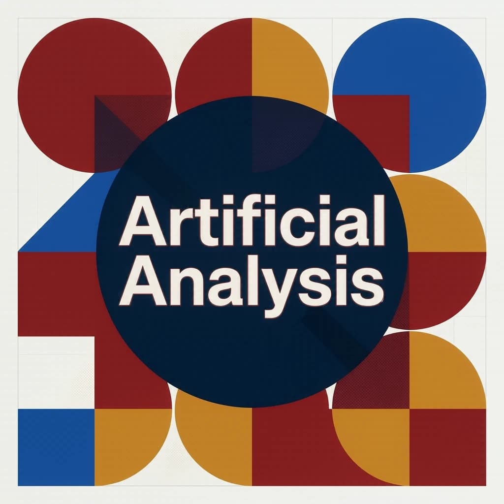 A bold poster composition dominated by flat geometric shapes in crimson, cobalt, and ochre. Overlapping circles and sharp diagonal lines create dynamic tension across the frame. A single sans-serif word — Artificial Analysis — stretches across the center in stark white, distorted slightly as though caught mid-glitch. The background is textured with halftone dots and faint grid lines, while subtle overlays of translucent rectangles suggest depth. Designed in the spirit of modernist Swiss typography fused with digital glitch aesthetics.