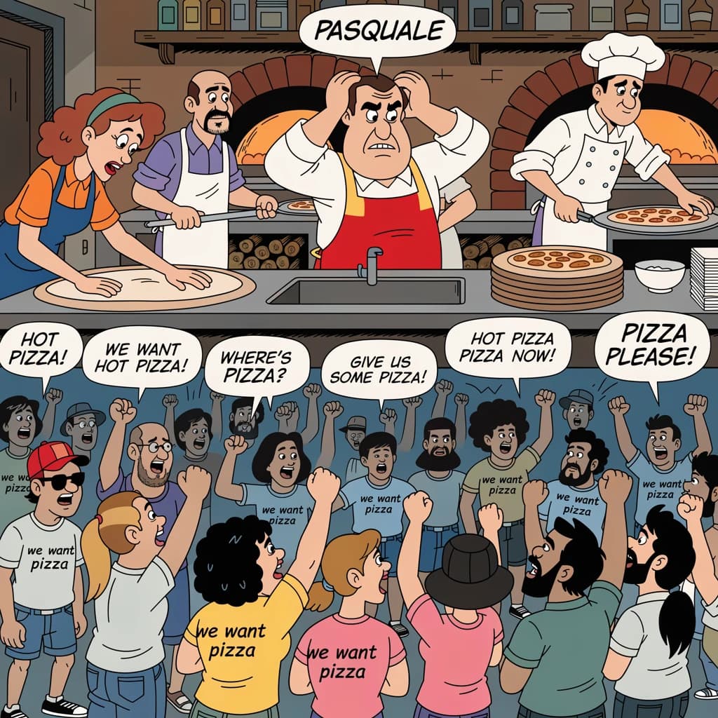 Pasquale is pulling his few remaining hairs out over a disaster at the pizzeria - the cooks are working as fast as they can but the crowds outside are swelling and they demand hot hot pizza! They are banging on the glass and some are wearing "we want pizza" shirts. 1980s western TV animation style.