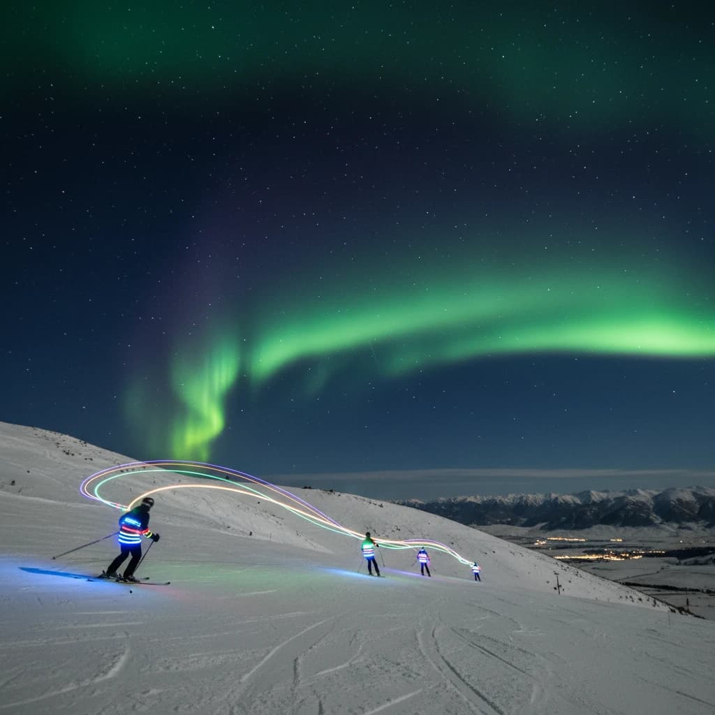 Coronet Peak Night Skiing: Skiers in colorful LED suits carve their way down the slopes of New Zealand's Coronet Peak under the Aurora Borealis, the skiers' light trails visible behind them