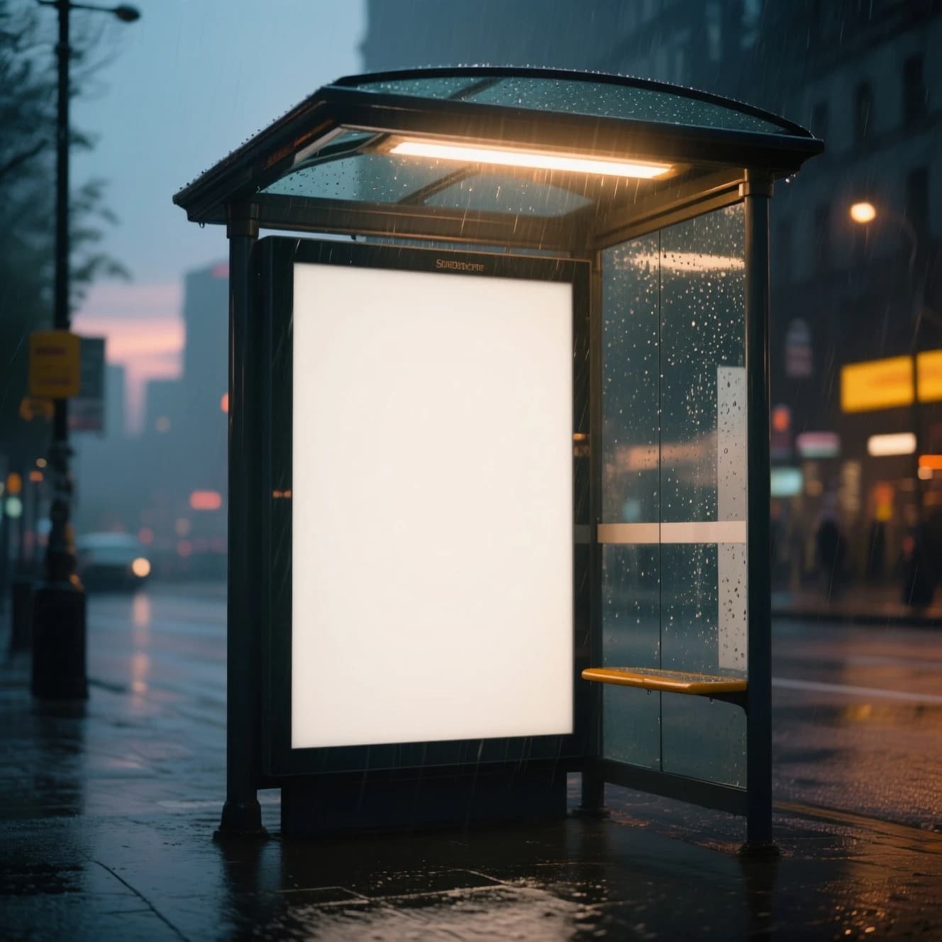 Show a billboard mockup at dusk: glass bus stop shelter, glowing lightbox, blank ad panel, city blur, raindrops, space for copy, looks premium but a bit gritty.