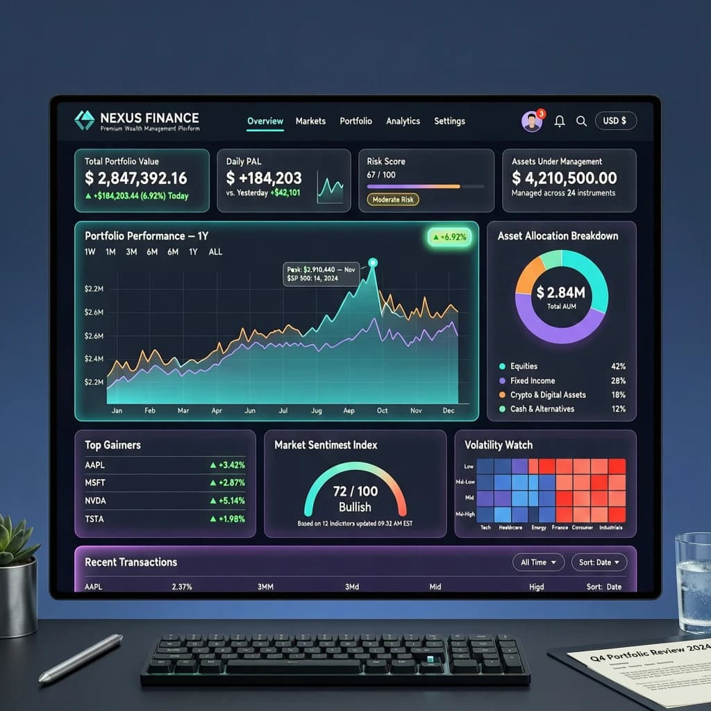 Make a dark mode finance dashboard with charts, glassmorphism, soft neon glow.
