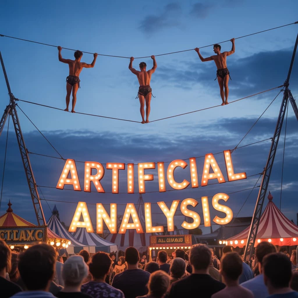 At dusk, high above a carnival crowd, three tightrope walkers balance on a single rope with no aids, one is off balance and grabbing at air. Below, the audience looks upward with baited anticipation. Artificial Analysis is spelled out in the background in carnival lights
