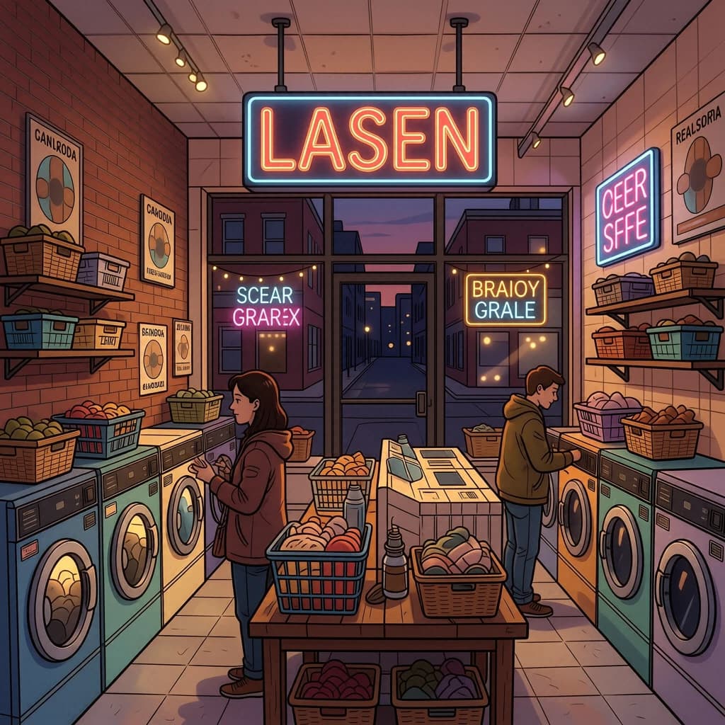 A cozy laundromat at dusk, neon humming, flat colors, bold inked lines.