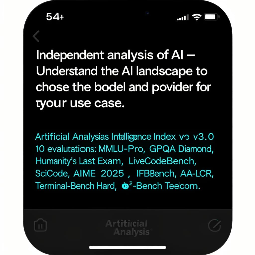 On a black smartphone UI with rounded corners, display a centered text block in white San Francisco font, 16pt: “Independent analysis of AI - Understand the AI landscape to choose the best model and provider for your use case.” Below, in neon cyan, monospace font, smaller size: “Artificial Analysis Intelligence Index v3.0 incorporates 10 evaluations: MMLU-Pro, GPQA Diamond, Humanity's Last Exam, LiveCodeBench, SciCode, AIME 2025, IFBench, AA-LCR, Terminal-Bench Hard, 𝜏²-Bench Telecom.” The second block scrolls horizontally as a ticker. The battery icon in the status bar shows 54%. The Artificial Analysis logo appears faintly, embossed into the bottom navigation bar.