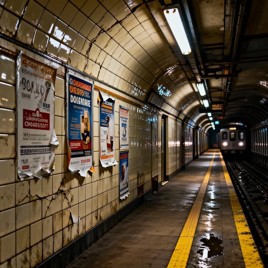 A subterranean subway platform with glossy tiles, peeling posters, flickering fluorescent lights, yellow safety line, and a distant train coming; slightly damp, echoes carry.