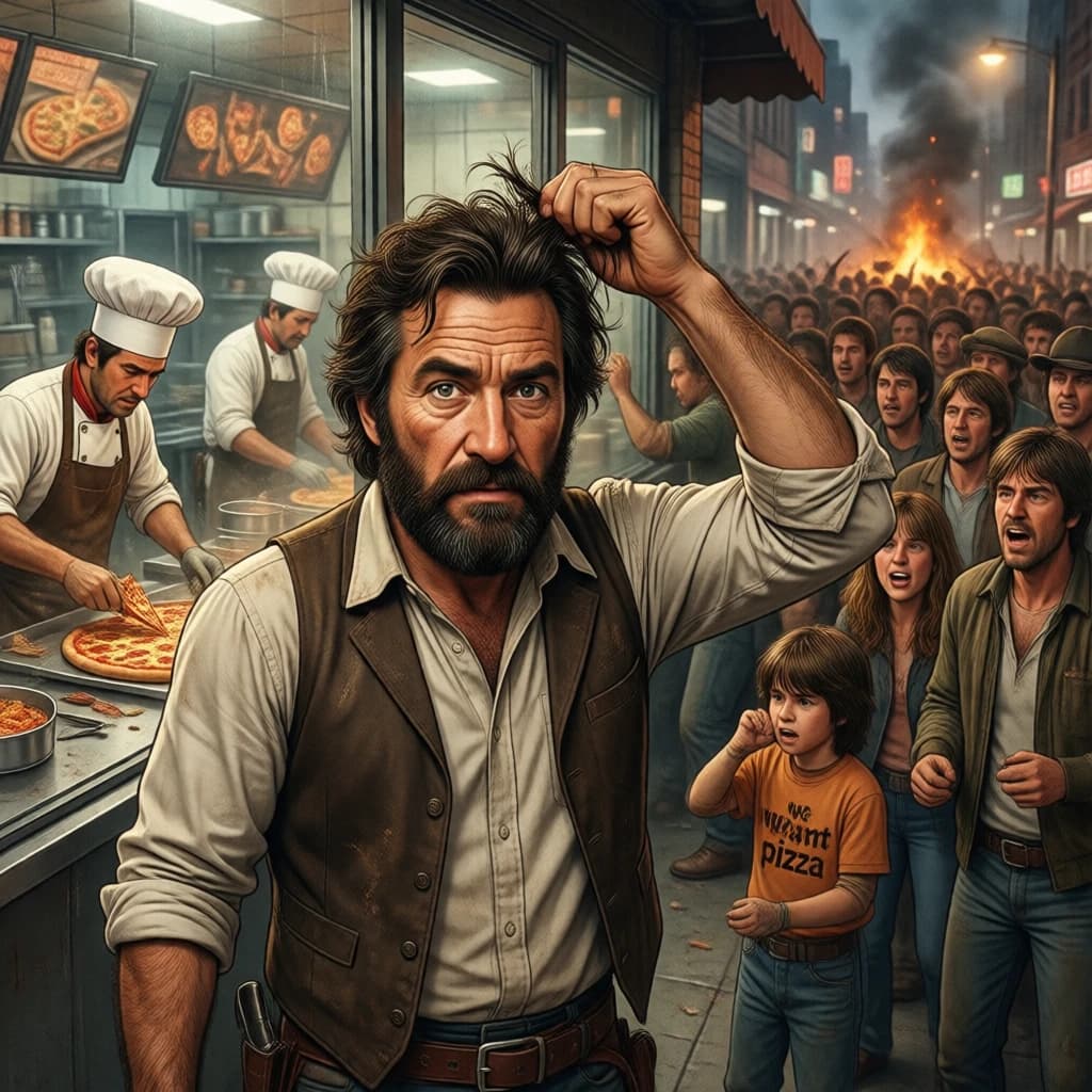 Pasquale is pulling his few remaining hairs out over a disaster at the pizzeria - the cooks are working as fast as they can but the crowds outside are swelling and they demand hot hot pizza! They are banging on the glass and some are wearing "we want pizza" shirts. 1980s western TV animation style.