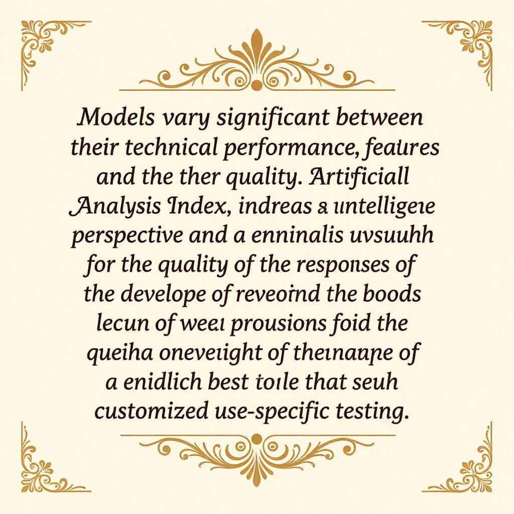 On a flat layout, write in an ornate baroque style "Models vary significantly between their technical performance, features and their quality. Artificial Analysis's intelligence index represents a generalist perspective and is useful as an indicator of the quality of responses. It is generally advisable to develop a short-list of models which best suit your use-case for customized use-case specific testing. "