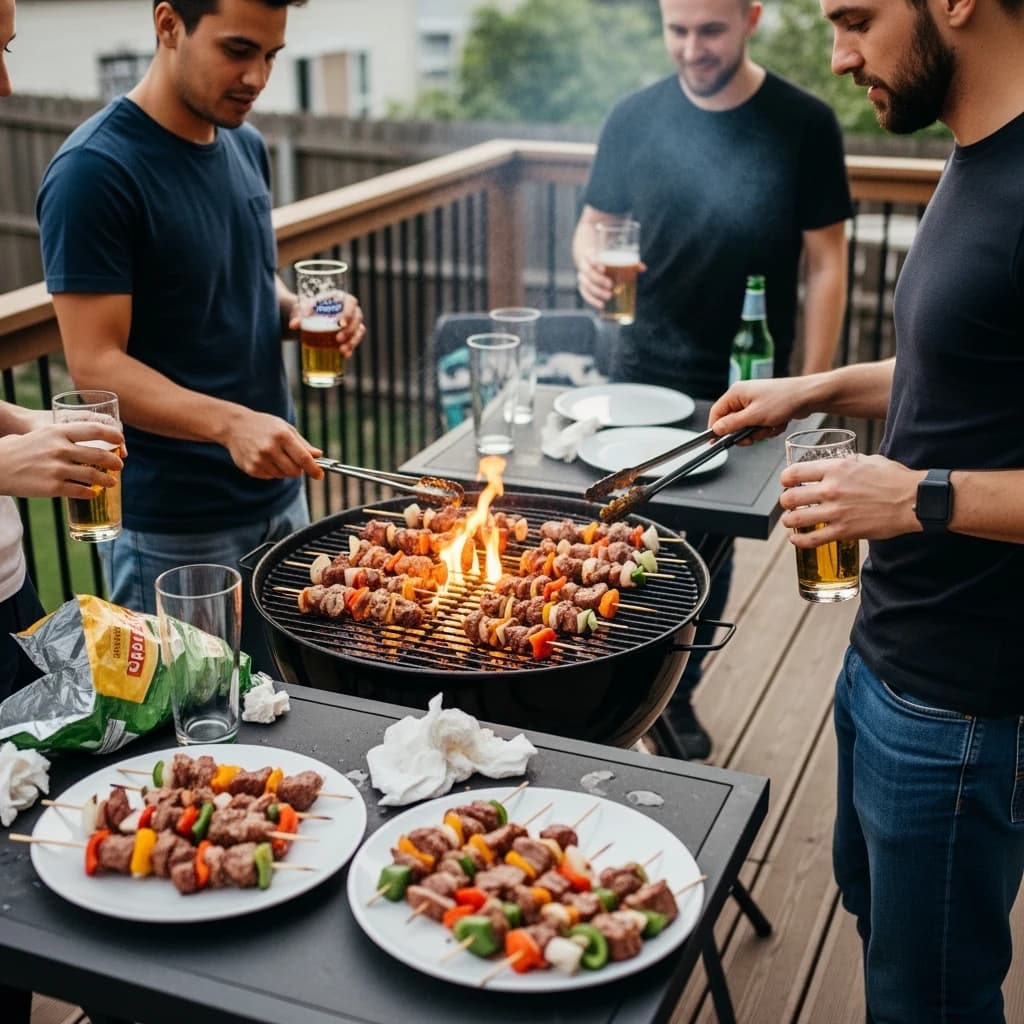 Friends grill skewers on a slightly messy patio.