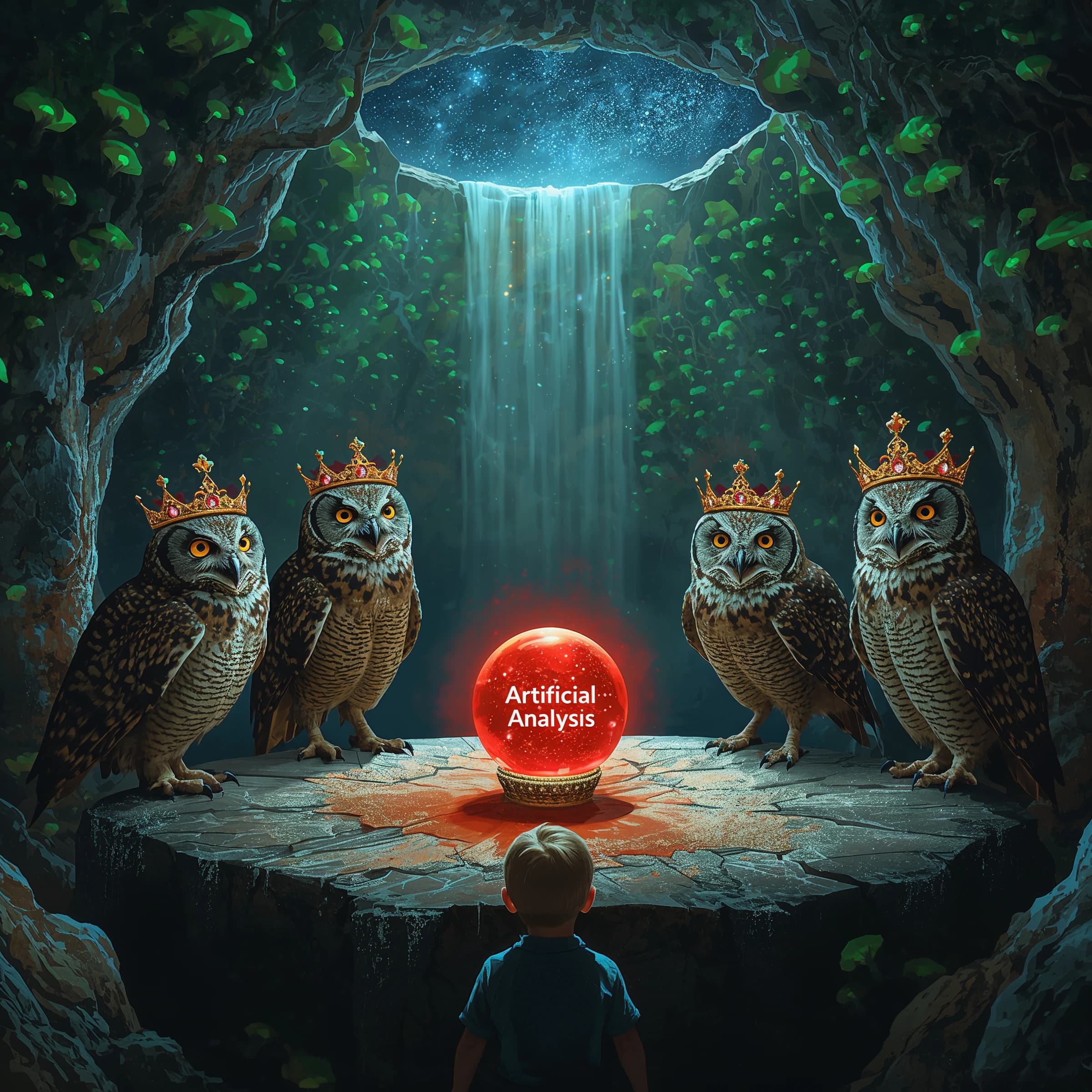 In a cavern lined with bioluminescent fungi glowing lime green, the council of owls wear jeweled crowns that glimmer with rubies, their wings folded behind their backs. Dust coats the stone table, a glowing orb inscribed with “Artificial Analysis” hovers above the table illuminating the owls with its red pulsating light. Behind them, a waterfall falls upward into a ceiling that opens onto stars - a child looks down in wonder from above at what he has stumbled across.