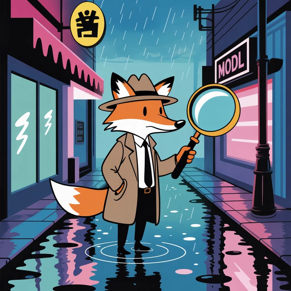 A fox detective stands in a rainy neon alley, bold outlines, flat colors, oversized magnifying glass; a bit moody, puddles reflect signs, raindrops like small dashes.