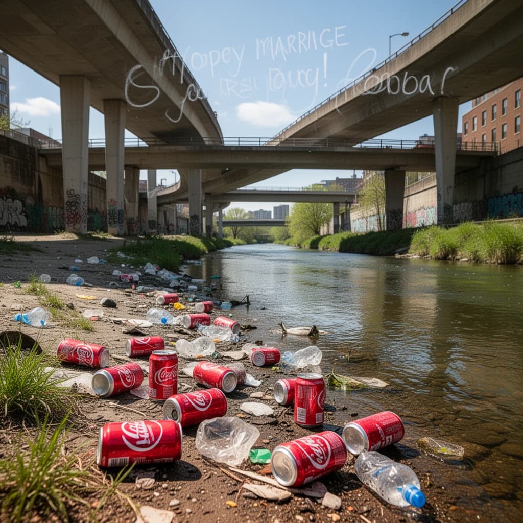 Red soda cans and other garbage sit strewn across the bank of an urban river only a few metres wide. Concrete overpasses criss cross overhead on a bright and sunny day. Fading skywriting proposes marriage