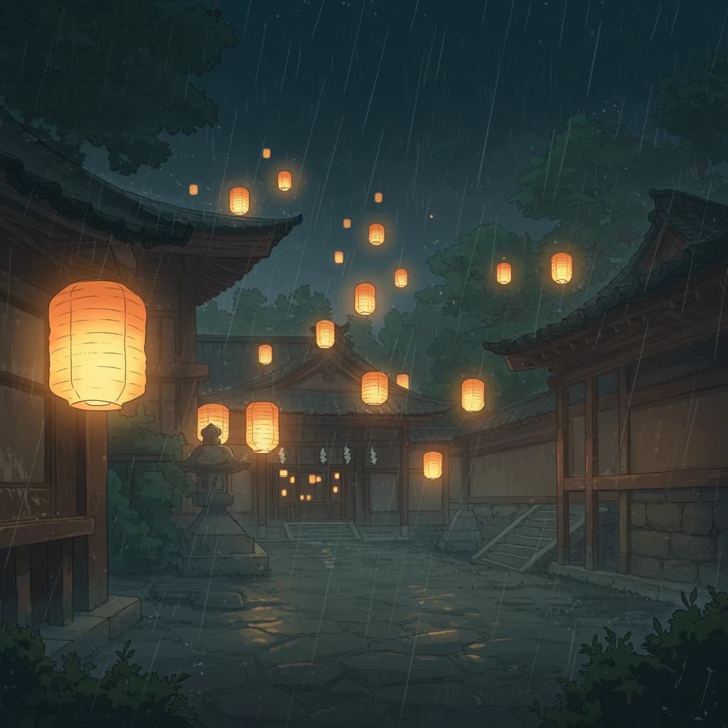 Lantern-lit shrine courtyard at night, cel-shaded, soft glow, drizzle.