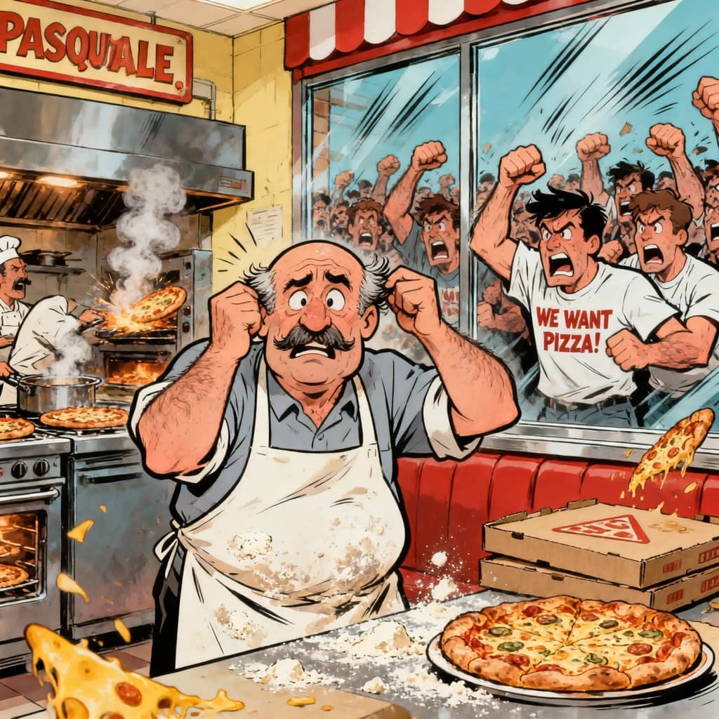 Pasquale is pulling his few remaining hairs out over a disaster at the pizzeria - the cooks are working as fast as they can but the crowds outside are swelling and they demand hot hot pizza! They are banging on the glass and some are wearing "we want pizza" shirts. 1980s western TV animation style.