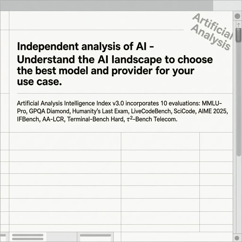 On a white dashboard with thin gray dividers, place a centered header in Helvetica Neue Bold, 20pt: “Independent analysis of AI - Understand the AI landscape to choose the best model and provider for your use case.” Directly beneath, a subheader in smaller Regular weight, 14pt: “Artificial Analysis Intelligence Index v3.0 incorporates 10 evaluations: MMLU-Pro, GPQA Diamond, Humanity's Last Exam, LiveCodeBench, SciCode, AIME 2025, IFBench, AA-LCR, Terminal-Bench Hard, 𝜏²-Bench Telecom.” The header is fully justified but the subheader is left-aligned. In the upper right corner, the Artificial Analysis logo appears watermarked, diagonal, faint gray, partially overlapping the scrollbar.