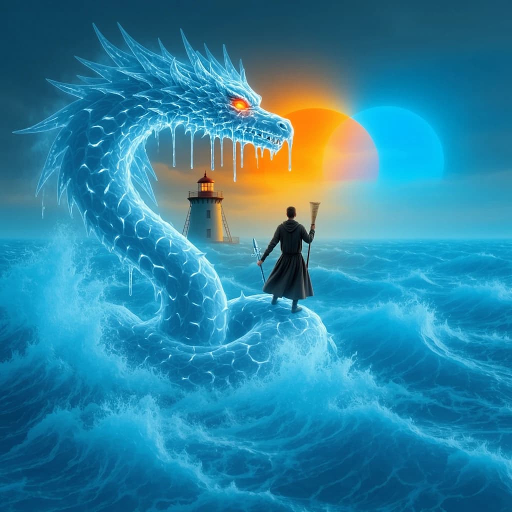 A dragon of molten silver coils around a lighthouse. The storming sea below crashes upward in frozen stillness, as though caught mid-motion. The dragon’s molten eyes drip tears of ice. On the horizon, two suns set next to each other, casting orange light on one side of the tower and blue on the other. A cloaked traveler carries an ancient weapon in his left hand and a scroll in his right.