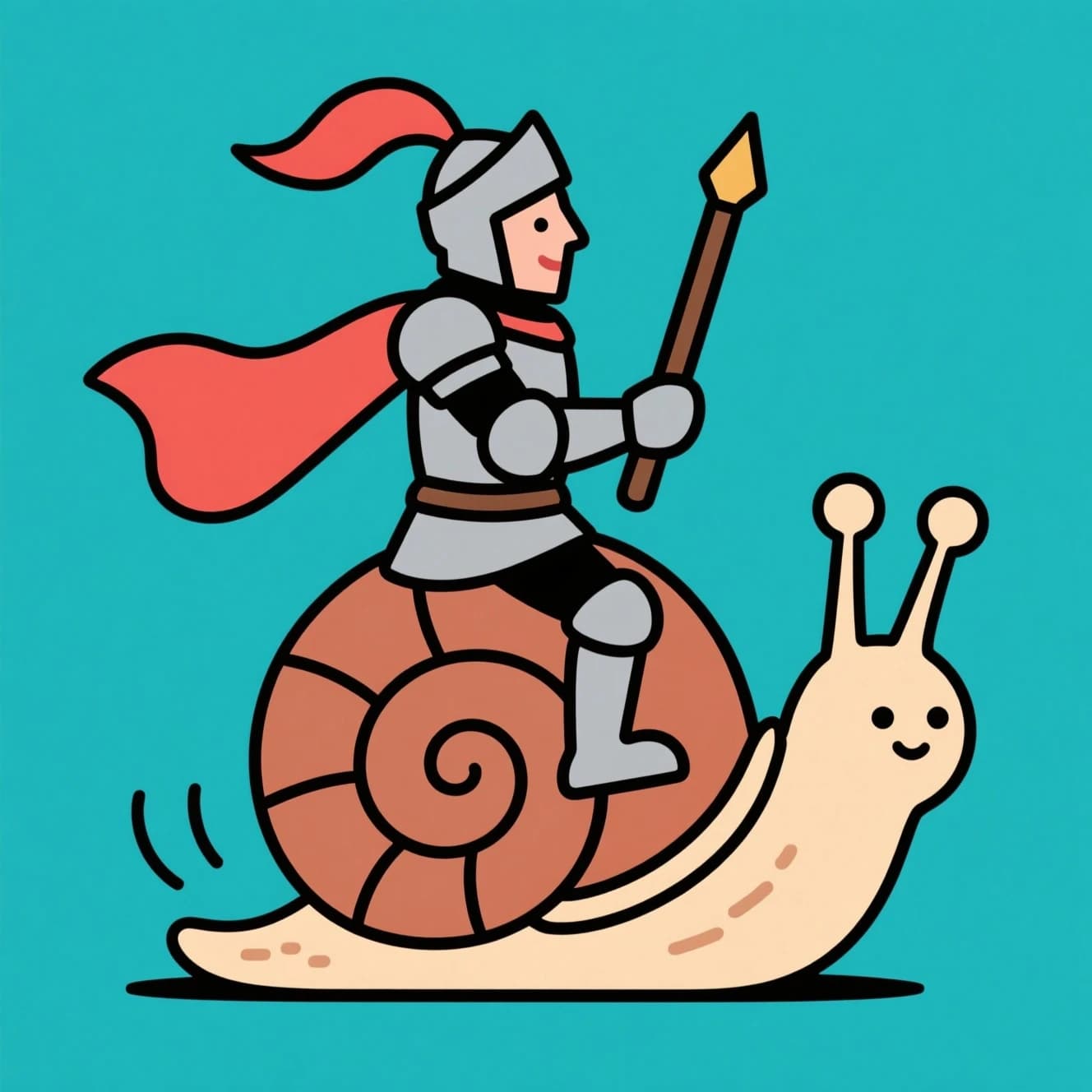 A knight rides a snail, bold lines, flat color.