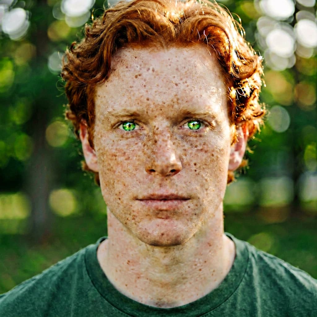 Shoot a natural light headshot of a red-haired man with freckles, green eyes.