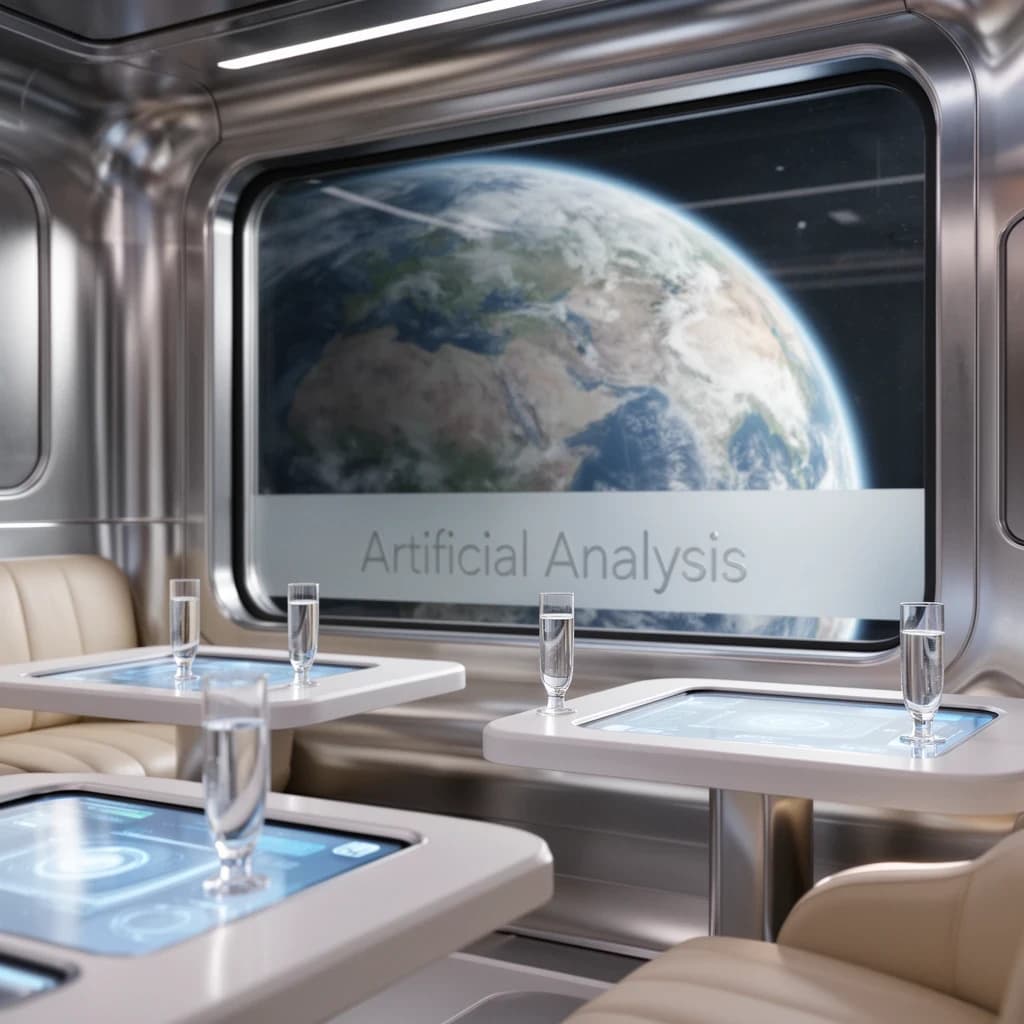 The orbital lounge has brushed aluminum walls and pale leather banquettes. Low white tables are inset with glowing touchscreens. Drinks are clear, flavorless, in tall unmarked glasses. The viewport is floor-to-ceiling, showing Earth moving slowly beneath. The word Artificial Analysis is etched discreetly on the glass in a frosted band.