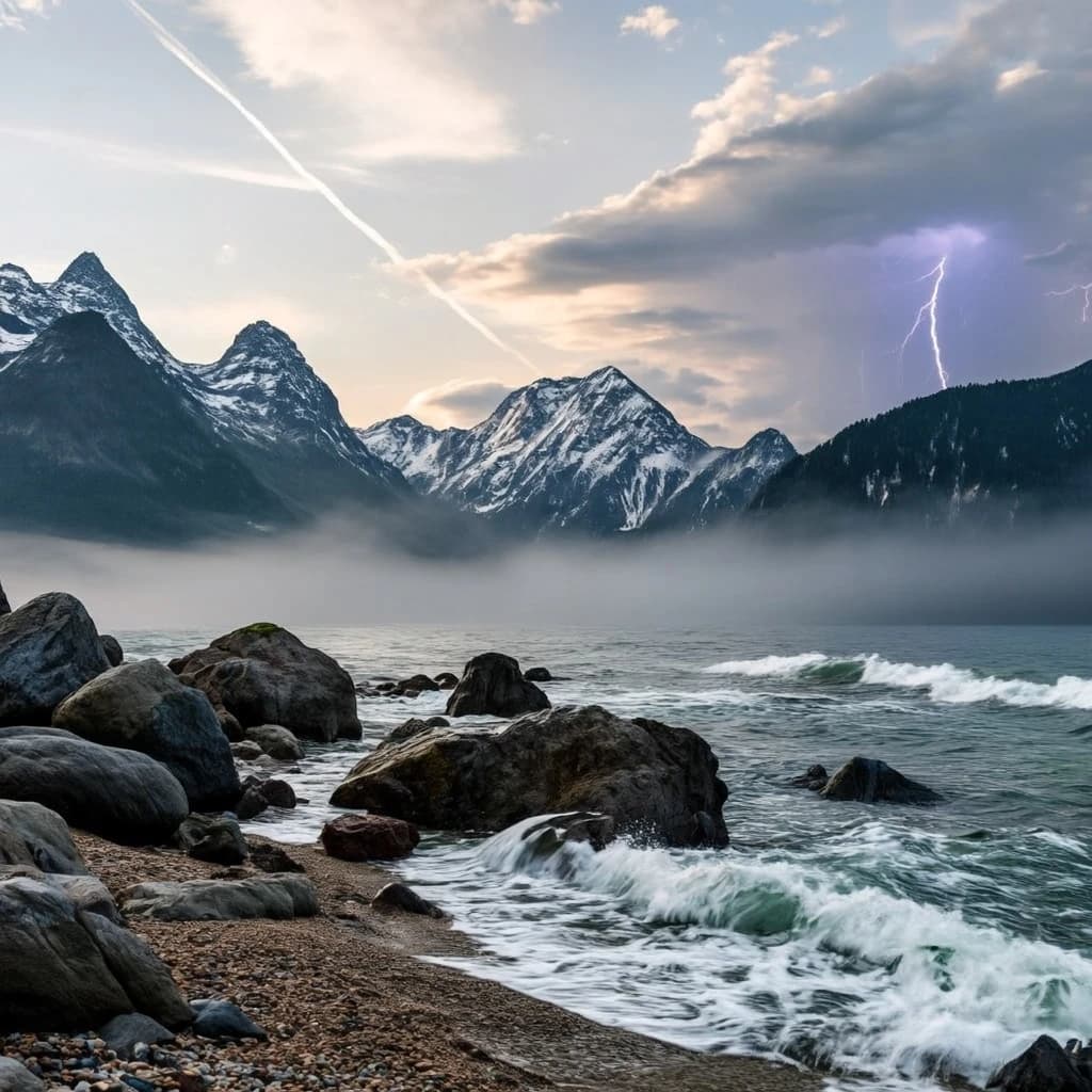 A stunning mountain vista pokes through the cloud top. Contrails from a distant airplane linger in the air. In the foreground there is a stony beach with foamy seas. A thunder storm is visibile in the distant right.