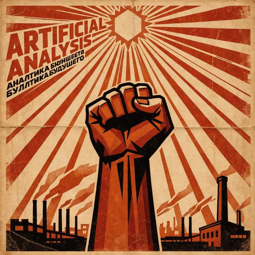 A propaganda poster in stark red, black, and beige. A clenched fist rises in the foreground, rendered with sharp geometric blocks. Behind it, radiating lines stretch upward toward a stylized sun. At the top, bold sans-serif lettering in Cyrillic-inspired type spells out Artificial Analysis, tilted at an angle for emphasis. A factory skyline silhouettes the bottom edge, smoke stacks rising into the background. The texture is rough, printed on aged paper with visible creases and ink bleed. Designed in the constructivist Soviet poster style.