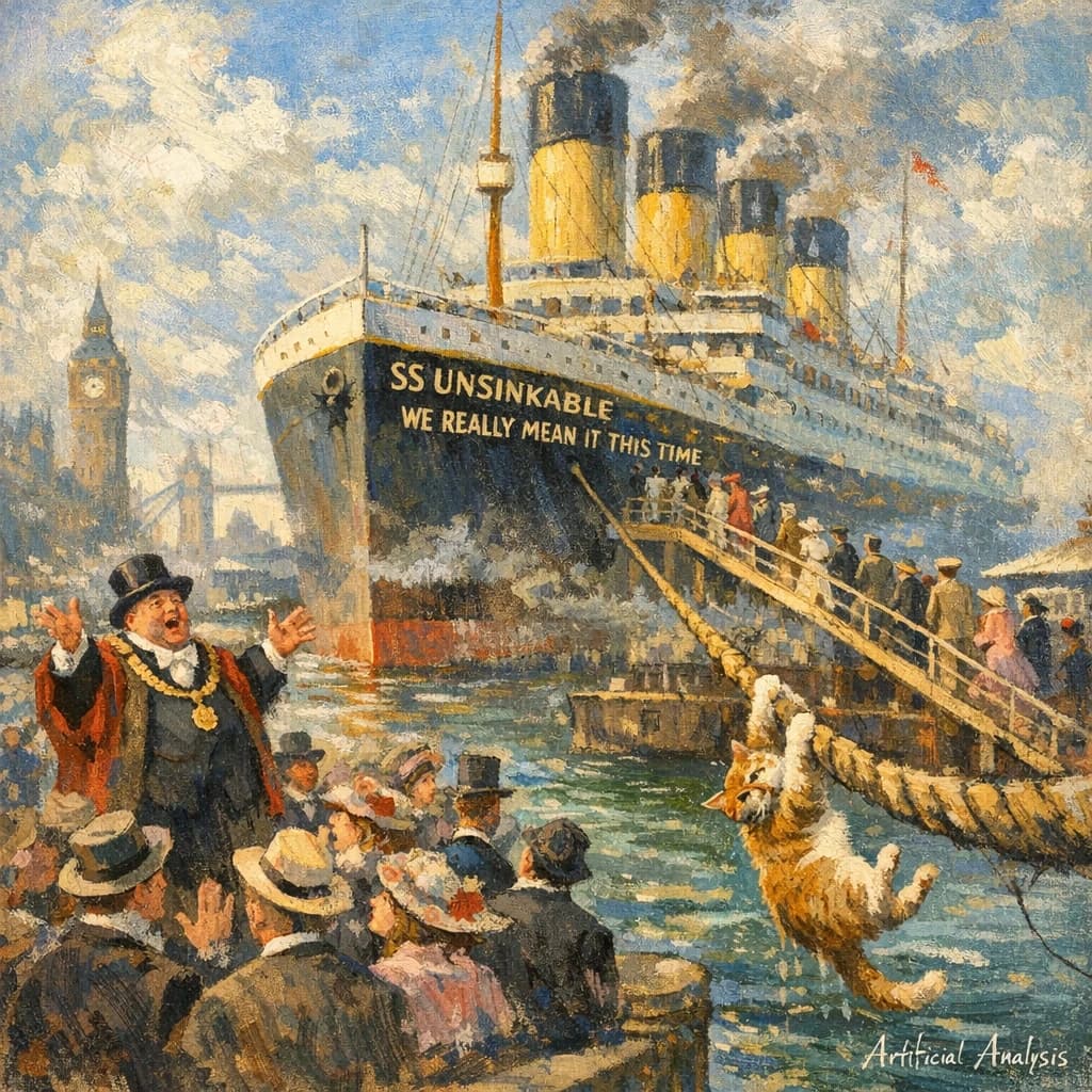 An impressionistic painting of the mighty steamer the "SS Unsinkable We Really Mean It This Time" on a cloudy but bright London morning about to set out on her maiden voyage. A jubilant crowd is gathered on the dock around the paunchy mayor who is making a speech, gesticulating wildly with his hands. The gangways are busy with well heeled ladies and gentlemen making their way onto the ship. A cheeky cat hangs over the water, clinging to the mooring rope after an ill-fated attempt to climb up. The artist has signed his name "Artificial Analysis" in the bottom corner