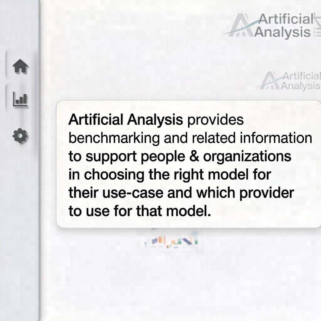 On a high-resolution dashboard mockup with a clean white background, display a centered text module in Helvetica Neue Regular, 18pt, black: “Artificial Analysis provides benchmarking and related information to support people & organizations in choosing the right model for their use-case and which provider to use for that model.” The text box is justified, but the final word wraps awkwardly onto its own line. To the left, a vertical navigation bar in light gray with three icons - home, chart, and settings - aligned evenly but casting misaligned shadows. In the upper right, the Artificial Analysis logo appears faintly, semi-transparent, watermarked over the corner of the interface.
