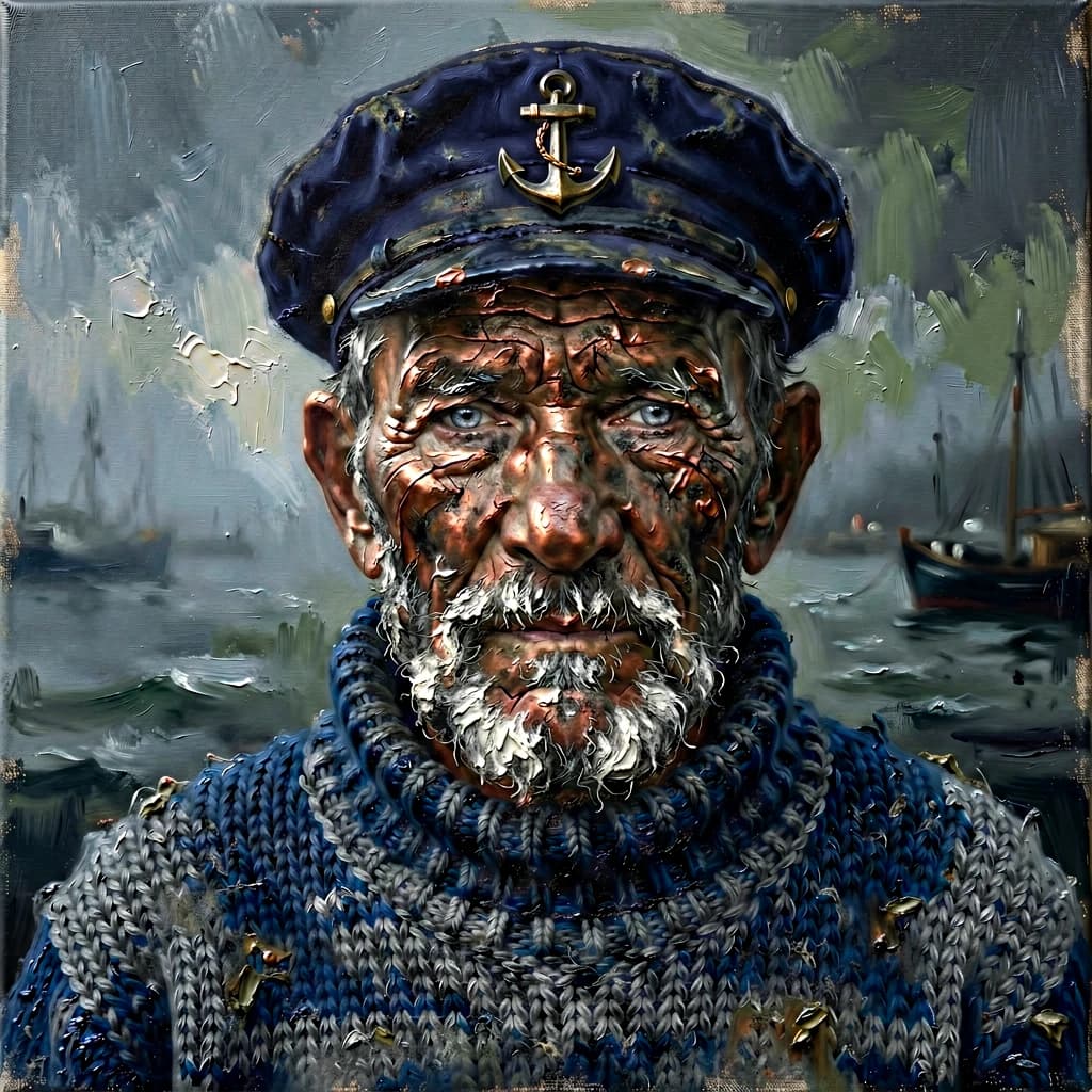 Oil on canvas portrait of an elderly sailor, weathered face, soft light.
